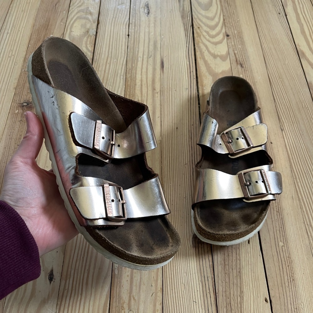 Birkenstock Arizona Metallic Copper Rose Gold Sandal Womens 41 White Sole slipon